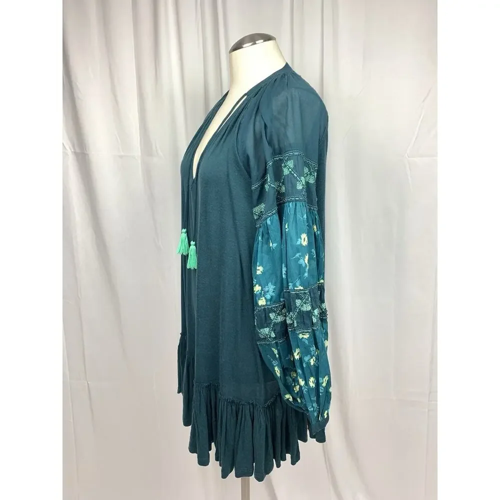 Free People Mix It Up Tunic Dress Balloon Sleeve Teal Blue Green Size S BNWT